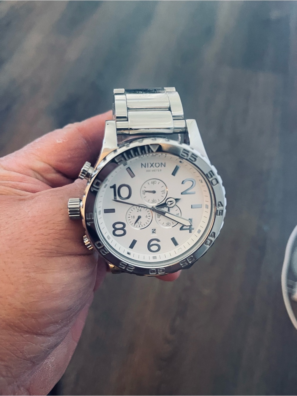 Nixon 51-30 High Polished Silver Chronograph Watch with White Dial